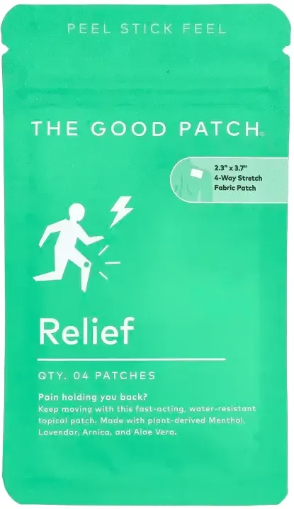 A teal packet labeled "The Good Patch Relief" containing four fabric patches for pain relief, featuring an icon of a person and lightning bolt, and product description text.